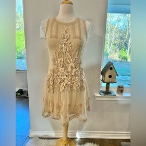 Candela embroidered crochet mesh Elegant Cream Lace Dress xs